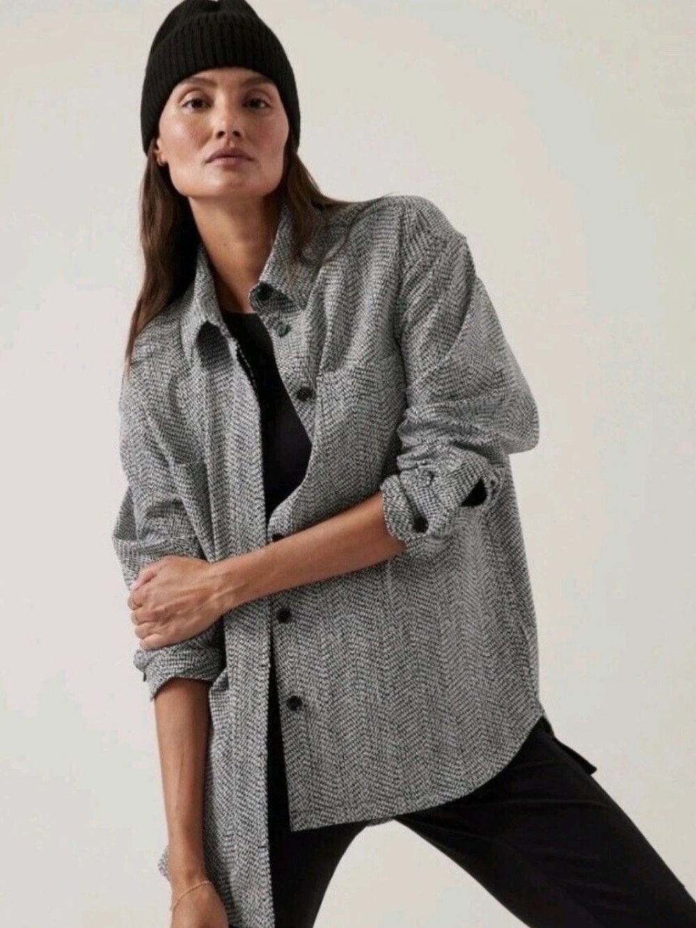 ATHLETA Women's Button Down Shirt Braiden Shacket Black White Herringbone- L